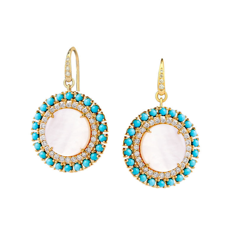 Syna Jewelry - Mogul 18K Yellow Gold Turquoise Mother of Pearl & Diamond Drop Earrings | Manfredi Jewels
