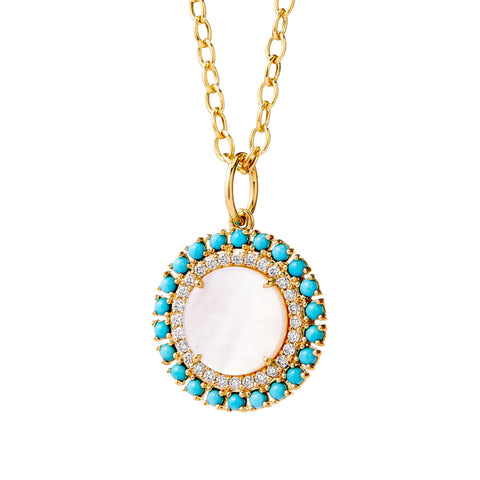 Mogul 18K Yellow Gold Turquoise, Mother of Pearl & Diamond Medallion Pendant Necklace