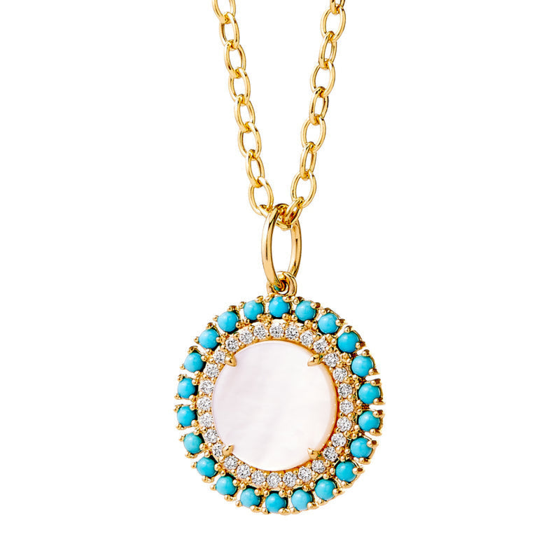 Syna Jewelry - Mogul 18K Yellow Gold Turquoise Mother of Pearl & Diamond Medallion Pendant Necklace | Manfredi Jewels