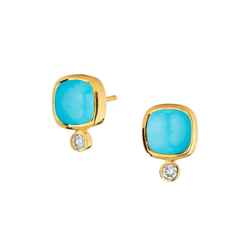 Syna Jewelry - Sugar Loaf Collection Cabochan Turquoise & Champagne Diamond 18Kt Yellow Gold Earrings | Manfredi Jewels