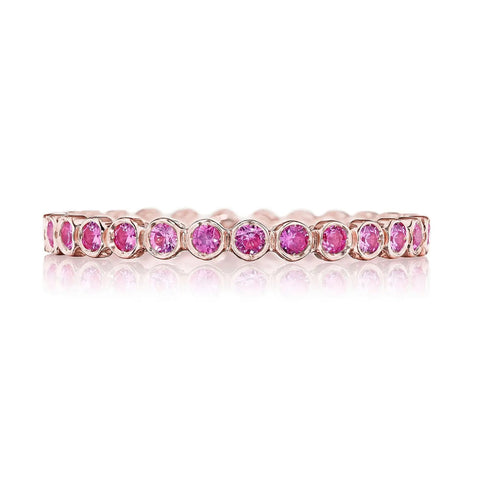 Sculpted Crescent 18K Rose Gold Round Bezel Pink Sapphire Droplet Wedding Band Ring