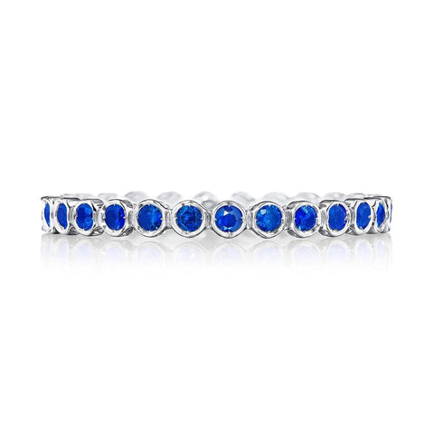 Sculpted Crescent Platinum Round Bezel Blue Sapphire Droplet Wedding Band Ring