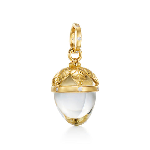 Amulet 18K Yellow Gold Rock Crystal Arcardia Golden Leaves Diamond Drop Pendant