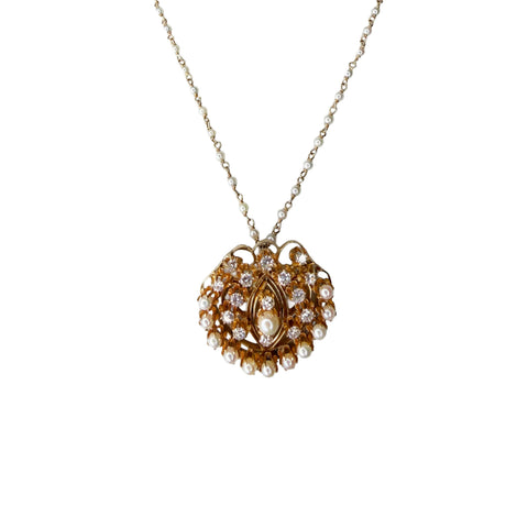 Diamond and White Pearl Pendant/Pin on Pearl-by-the-Yard Chain in Yellow Gold