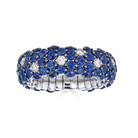 Blue Sapphire 18K White Gold Domed Diamond Stretch Ring