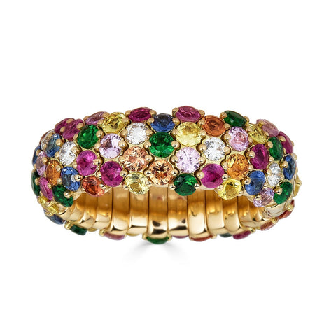 Multicolor 18K Yellow Gold Sapphires and Tsavorites Stretch Small Ring
