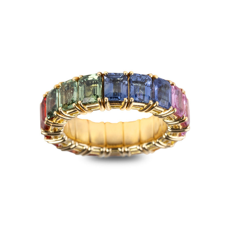 Zydo Italy Jewelry - Sapphires Rainbow 18K Yellow Gold Emerald Cut Stretch Ring | Manfredi Jewels