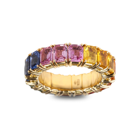 Sapphires Rainbow 18K Yellow Gold Emerald Cut Stretch Ring