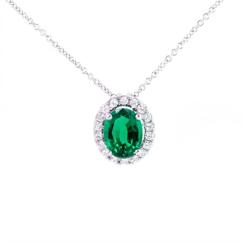A & D Gem Corp. Jewelry - 14KT WHITE GOLD OVAL GREEN EMERALD AND DIAMONDS HALO PENDANT | Manfredi Jewels