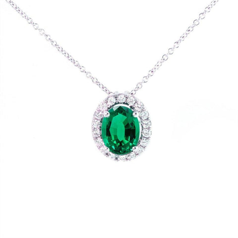 14KT WHITE GOLD OVAL GREEN EMERALD AND DIAMONDS HALO PENDANT