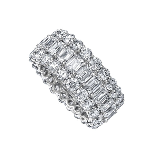 18K White Gold Round diamond with emerald cut center row ring
