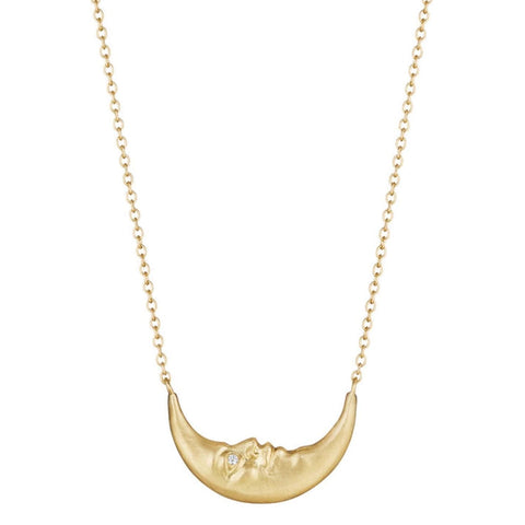 18KT Yellow Gold 17mm Crescent Moonface Necklace with Diamonds