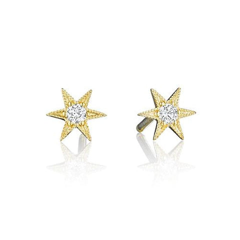 18KT Yellow Gold 5mm Six Point Star Stud Earrings with Center Diamond