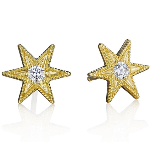 18KT Yellow Gold 9mm Six Point Star Stud Earrings with Center Diamond