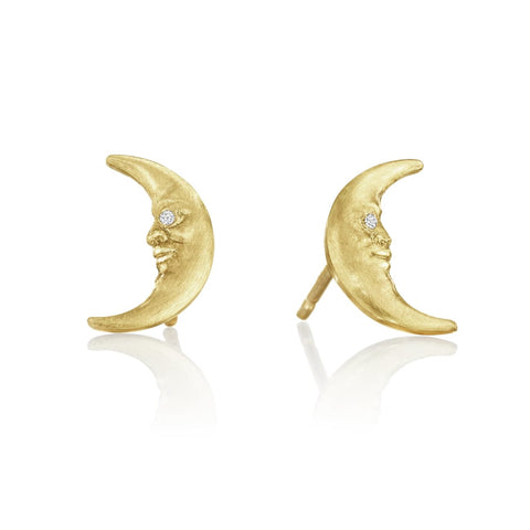 18KT Yellow Gold Crescent Moon Earrings with Diamonds