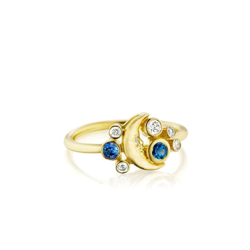Anthony Lent Jewelry - 18KT Yellow Gold Diamond and Sapphire Crescent Moonface Meteor Ring | Manfredi Jewels