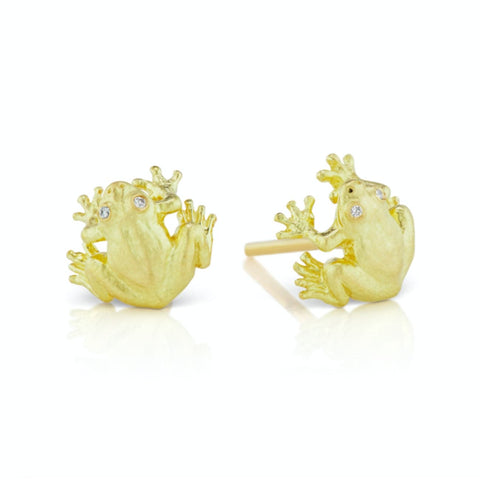 18KT Yellow Gold Frog Stud Earrings with Diamonds