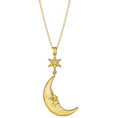 18KT Yellow Gold Star Struck Crescent Moonface Necklace Pendant with Diamonds
