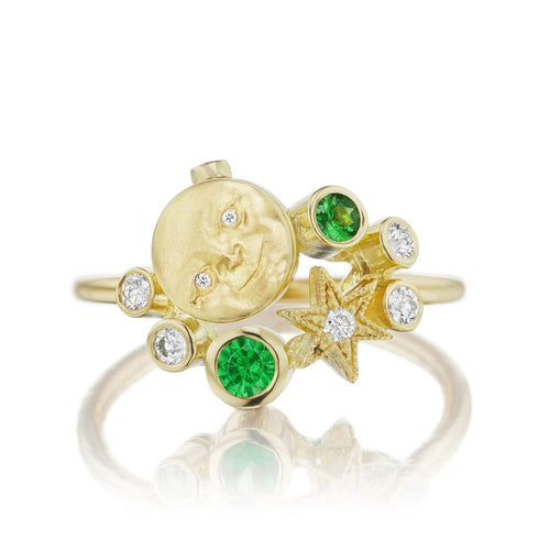 Anthony Lent Jewelry - 18KT Yellow Gold Tsavorite Garnet and Diamond Moonface Nebula Cluster Ring | Manfredi Jewels