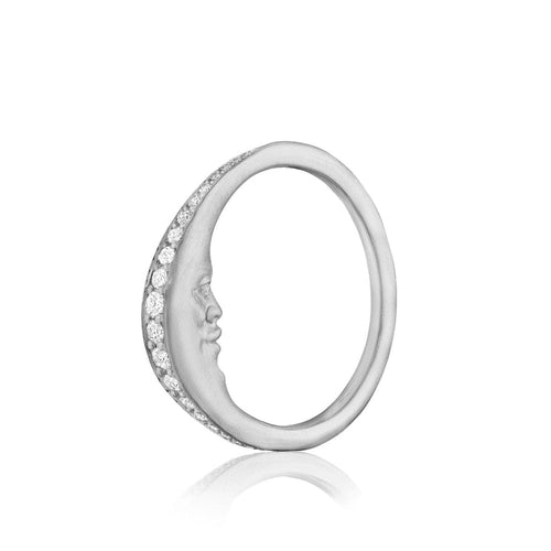 Anthony Lent Jewelry - Diamond Pavé Platinum Crescent Moonface Ring | Manfredi Jewels