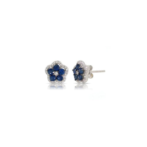 Asher Jewelry - 14KT WHITE GOLD BLUE SAPPHIRE & DIAMOND FLOWER STUDS | Manfredi Jewels