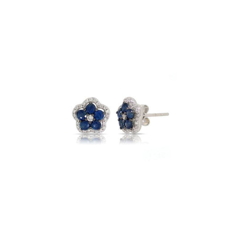 14KT WHITE GOLD BLUE SAPPHIRE & DIAMOND FLOWER STUDS