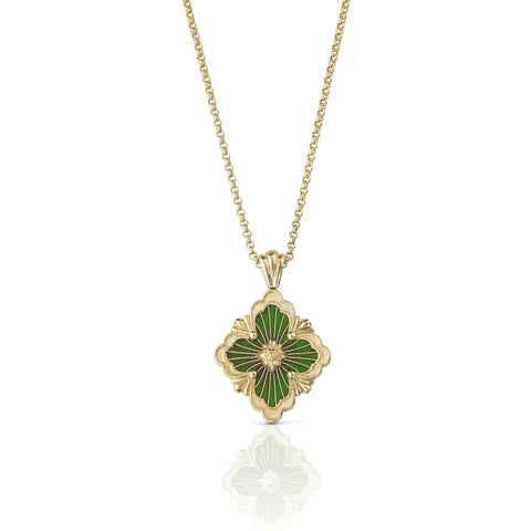 18KT YELLOW GOLD & GREEN ENAMEL OPERA PENDANT NECKLACE