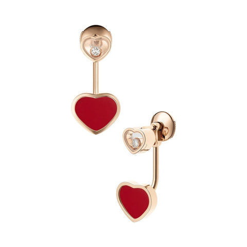HAPPY HEARTS EARRINGS, ROSE GOLD, DIAMONDS, RED STONE