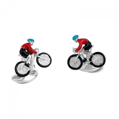 Sterling Silver Bike And Rider Cufflinks With Blue And Red Enamel Detailing