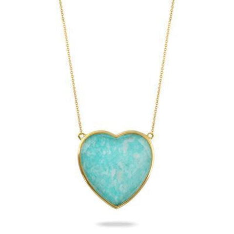 14K YELLOW GOLD HEART NECKLACE WITH CLEAR QUARTZ OVER AMAZONITE