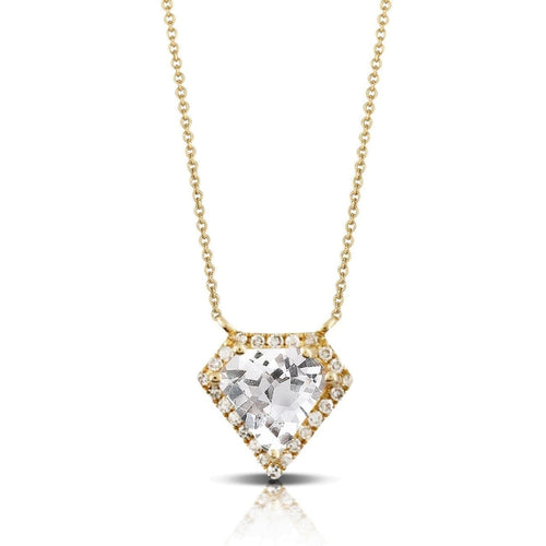 Doves Jewelry - 14KT Yellow Gold Kite Shaped White Topaz Necklace with Diamond Halo | Manfredi Jewels