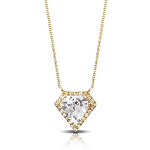 Doves 14KT Yellow Gold Kite Shaped White Topaz Necklace with Diamond Halo