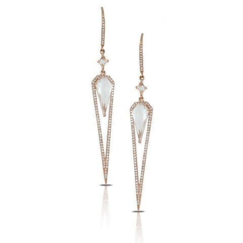 14KT Yellow Gold White Topaz and Diamond Modern Elongated Geometric Drop Earrings