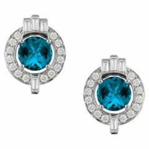 Doves Jewelry - 18K Gold Art Deco Style Stud Earrings with London Blue Topaz & Baguette Diamonds | Manfredi Jewels