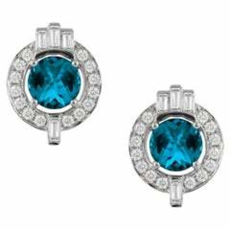 Doves Jewelry - 18K Gold Art Deco Style Stud Earrings with London Blue Topaz & Baguette Diamonds | Manfredi Jewels