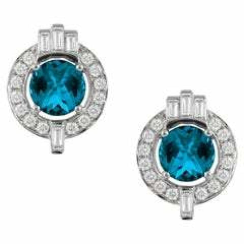 18K Gold Art Deco Style Stud Earrings with London Blue Topaz & Baguette Diamonds