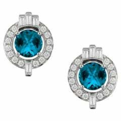 18K Gold Art Deco Style Stud Earrings with London Blue Topaz & Baguette Diamonds