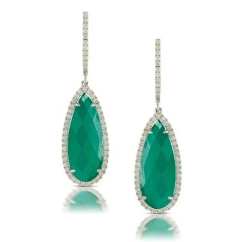 18K WHITE GOLD DIAMOND EARRING WITH CLEAR QUARTZ OVER GREEN AGATE