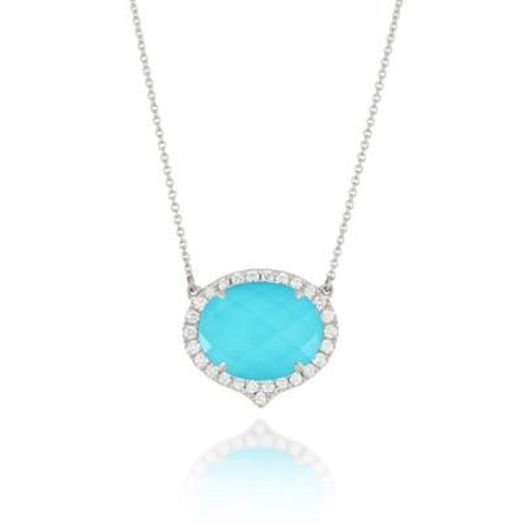 18K WHITE GOLD DIAMOND NECKLACE WITH CLEAR QUARTZ OVER TURQUOISE