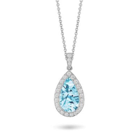 18K WHITE GOLD DIAMOND PENDANT WITH SKY BLUE TOPAZ CENTER