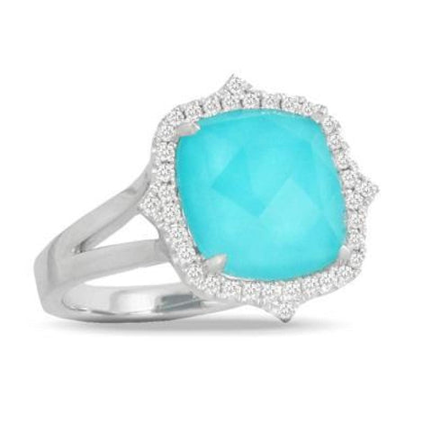 18K WHITE GOLD DIAMOND RING WITH CLEAR QUARTZ OVER TURQUOISE
