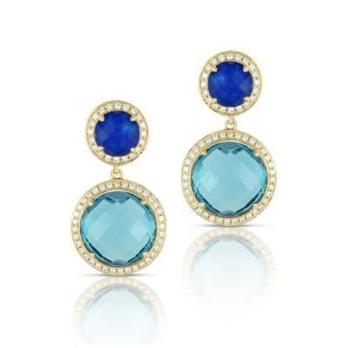 Doves Jewelry - 18K YELLOW GOLD DIAMOND EARRING WITH CLEAR QUARTZ OVER LAPIS TOP AND LONDON BLUE TOPAZ BOTTOM | Manfredi Jewels