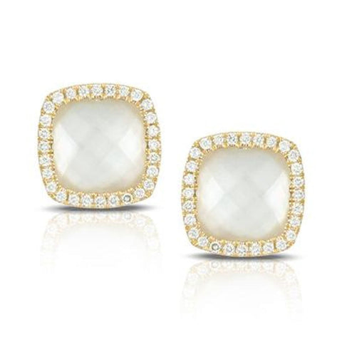 18K YELLOW GOLD DIAMOND EARRING WITH CLEAR QUARTZ OVER WHITE MOTHER OF PEARL