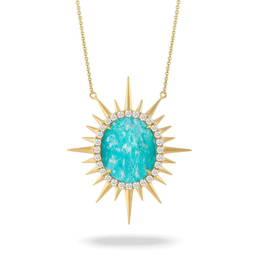 Doves Jewelry - 18K YELLOW GOLD DIAMOND NECKLACE WITH CLEAR QUARTZ OVER AMAZONITE IN SATIN FINISH | Manfredi Jewels