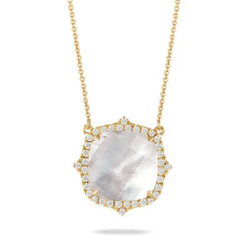 Doves Jewelry - 18K YELLOW GOLD DIAMOND NECKLACE WITH CLEAR QUARTZ OVER WHITE MOTHER OF PEARL | Manfredi Jewels