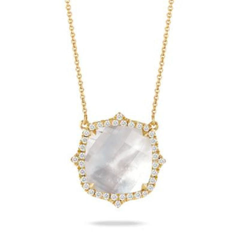 18K YELLOW GOLD DIAMOND NECKLACE WITH CLEAR QUARTZ OVER WHITE MOTHER OF PEARL
