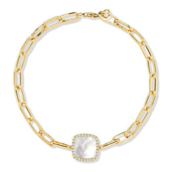 Doves Jewelry - 18K YELLOW GOLD DIAMOND PAPERCLIP BRACELET WITH CLEAR QUARTZ OVER WHITE MOTHER OF PEARL | Manfredi Jewels