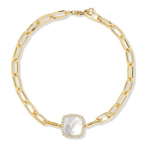 Doves Jewelry - 18K YELLOW GOLD DIAMOND PAPERCLIP BRACELET WITH CLEAR QUARTZ OVER WHITE MOTHER OF PEARL | Manfredi Jewels