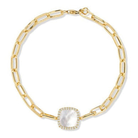 18K YELLOW GOLD DIAMOND PAPERCLIP BRACELET WITH CLEAR QUARTZ OVER WHITE MOTHER OF PEARL