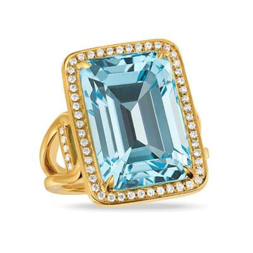 Doves Jewelry - 18K YELLOW GOLD RING WITH EMERALD CUT SKY BLUE TOPAZ CENTER | Manfredi Jewels